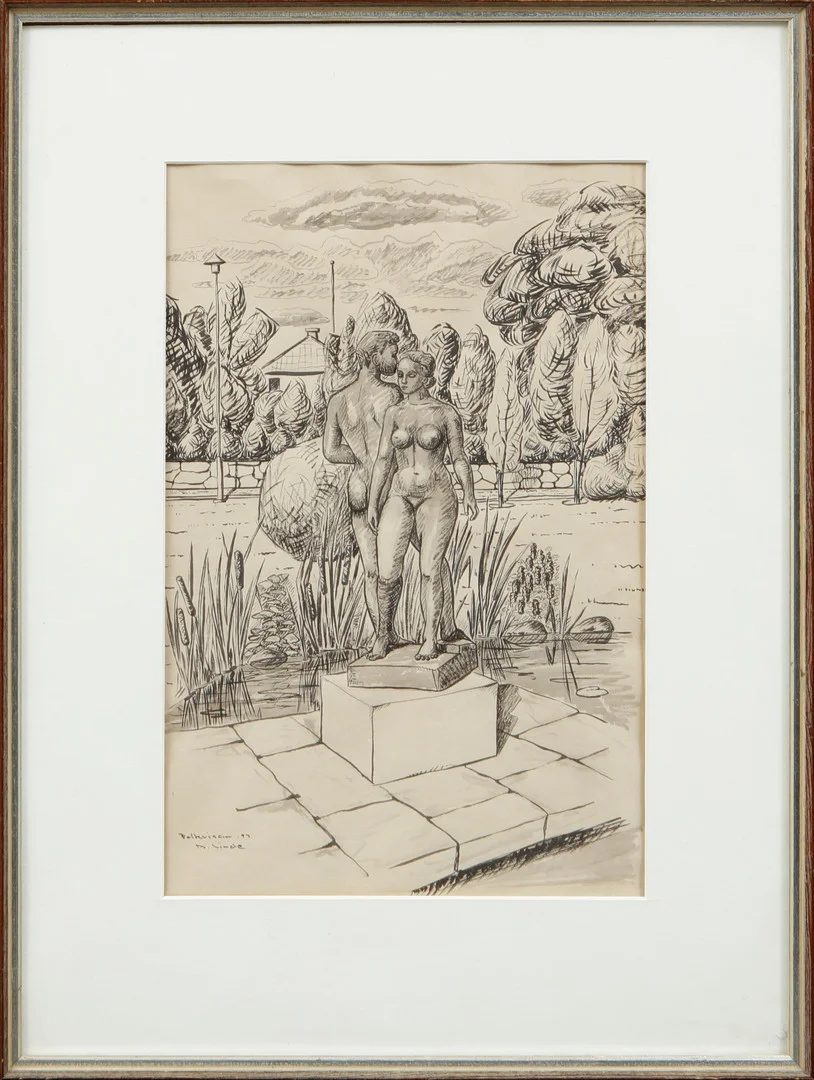 OIDENTIFIERAD KONSTNÄR. "Folkvisan". Tuschteckning, signerad M. Linde. — Paintings — Göteborgs Auktionsverk