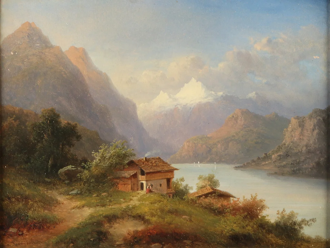H. BAUMGARTNER. Oljemålning på pannå. Alplandskap. Signerad. — Paintings — Skånes Auktionsverk