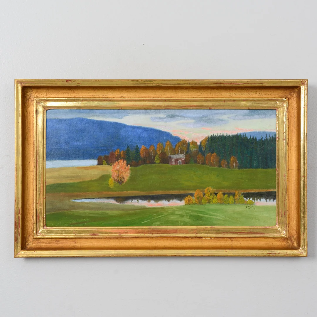 PER JULIUS. Norrländskt landskap, olja på pannå, signerad. — Paintings — Formstad Auktioner