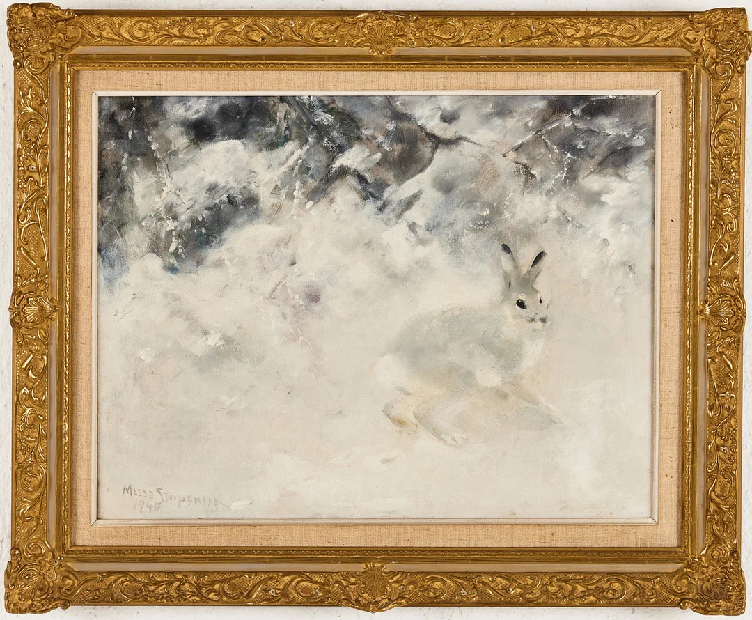 MOSSE STOOPENDAAL. Vinterlandskap med hare, olja på duk, signerad och daterad 1940. — Paintings — Stockholms Auktionsverk Magasin 5