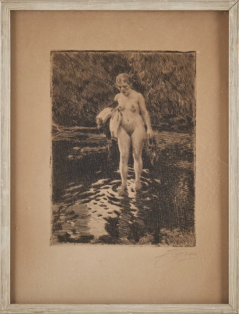 ANDERS ZORN. "Vadstället" etsning, signerad och daterad i plåten 1912, i marginalen Zorn med blyerts. — Engravings & Prints — Stockholms Auktionsverk Magasin 5