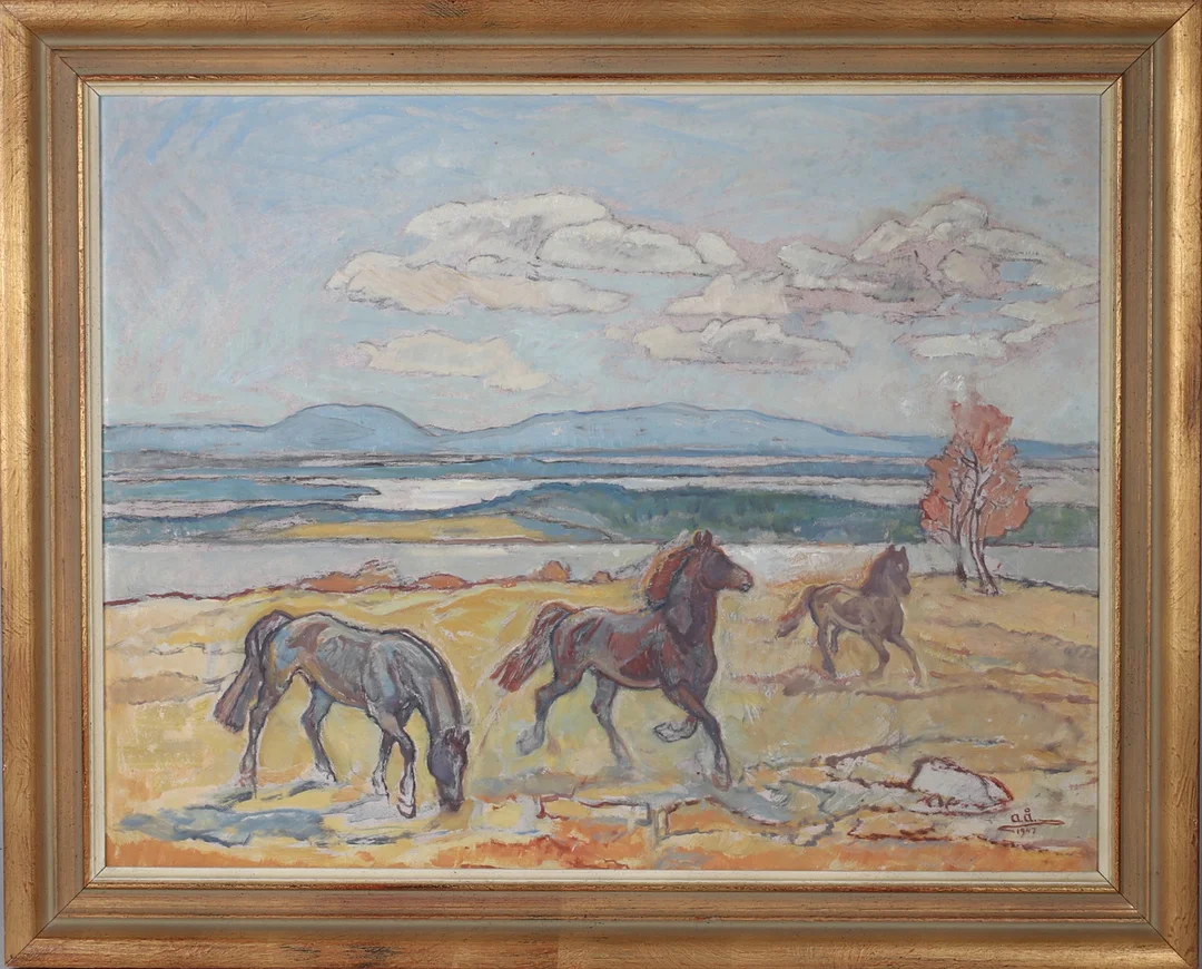 ACKE ÅSLUND. Hästar i landskap, olja på pannå, monogramsignerad och daterad -47. — Paintings — Stadsauktion Sundsvall