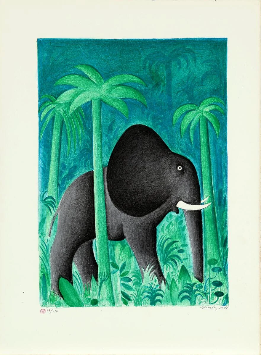 Hans Scherfig: African elephant. Signed Scherfig 1971, 27/150. Lithograph in colors. Sheet size 76×56 cm. Unframed. — Modern Prints/Classical modernism — Bruun Rasmussen