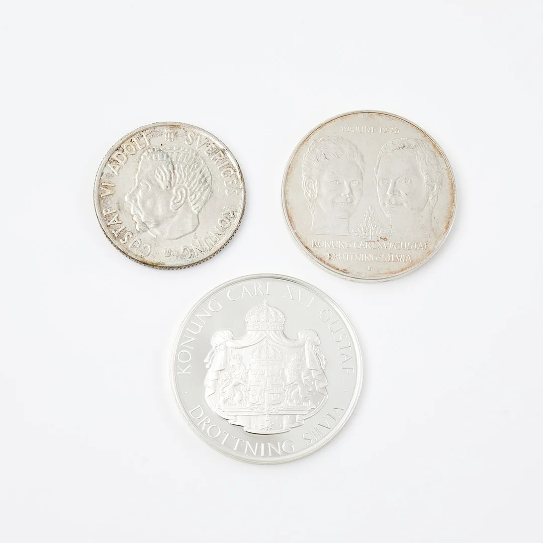 MYNT, 3 st, silver, Gustaf VI Adolf, Carl XVI Gustaf, 1900-talets senare hälft. — Coins & Banknotes — Stockholms Auktionsverk Sickla