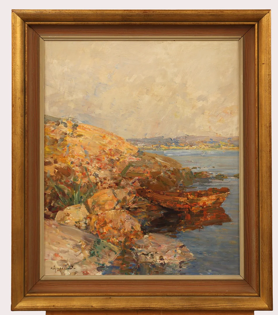 HUGO ÖFVERSTRÖM. Olja på pannå, eka i vattnet vid granithällar, signerad. — Paintings — Limhamns Auktionsbyrå
