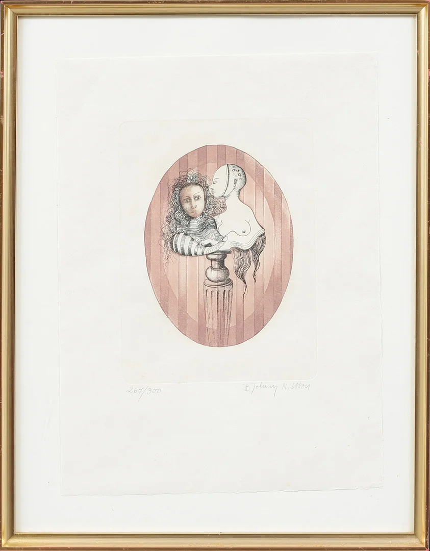 BERT JOHNNY NILSSON. Surrealistisk bild, färgetsning, signerad och numrerad 264/300. — Engravings & Prints — Göteborgs Auktionsverk