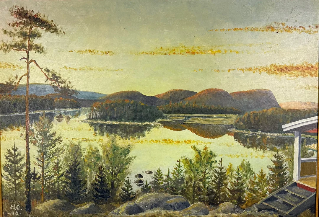 OIDENTIFIERAD KONSTNÄR. OLJEMÅLNING på pannå, landskap, signerad HO och daterad -46. — Paintings — TOKA Auktionshus