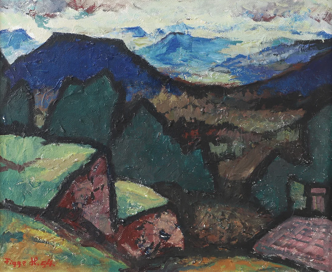 FIGGE HOLMGREN. Bergslandskap, olja på pannå, signerad Figge H. — Paintings — Helsingborgs Auktionskammare