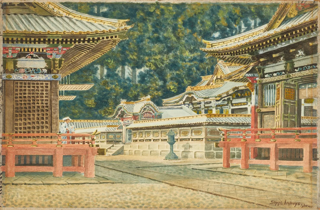 OIDENTIFIERAD KONSTNÄRER, 2 st, Japan, 1900-tal, tempelplats + Bygata, i bakgrunden Fuji, akvareller. — Paintings — Crafoord Auktioner Stockholm