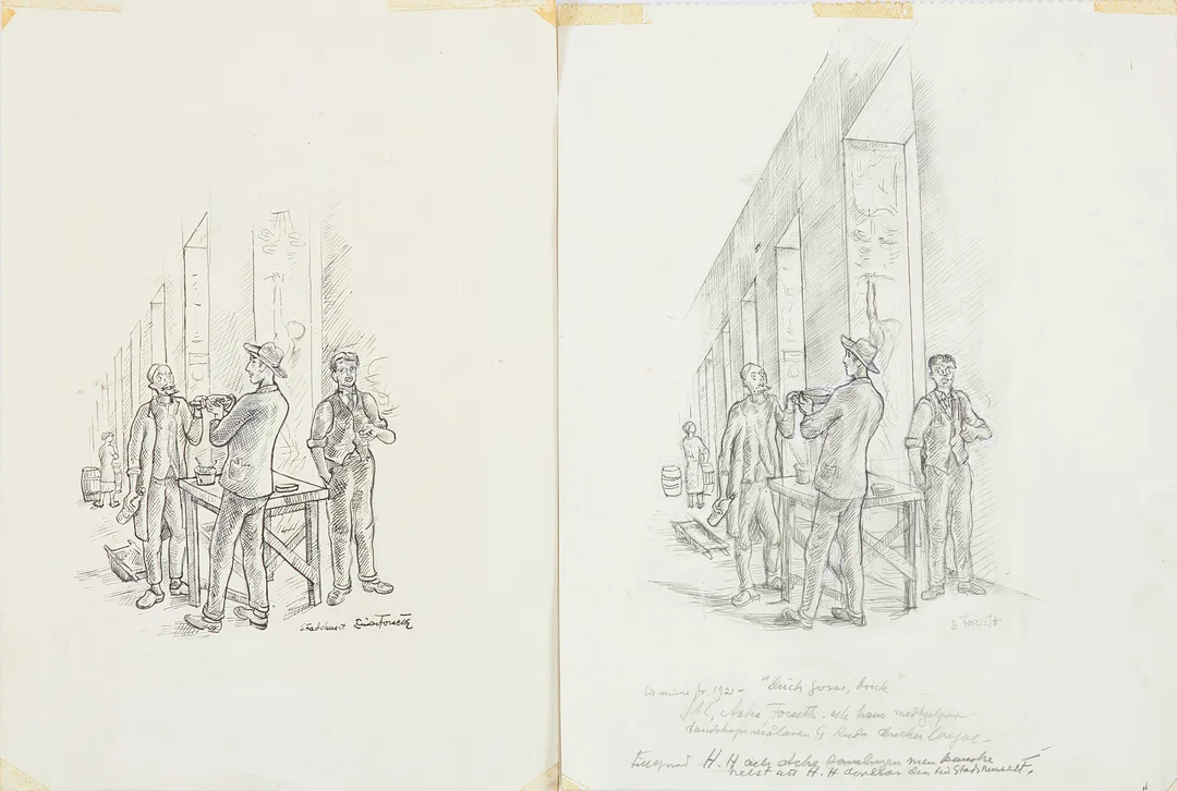 EINAR FORSETH. Motiv från utsmyckningsarbete i stadshuset 2 st, med Einar Forseth, J A G Acke samt Gunnar Ruda, blandteknik, signerade och den ena daterad 1921, med påskrifter av konstnären själv. — Drawings — Stockholms Auktionsverk Sickla