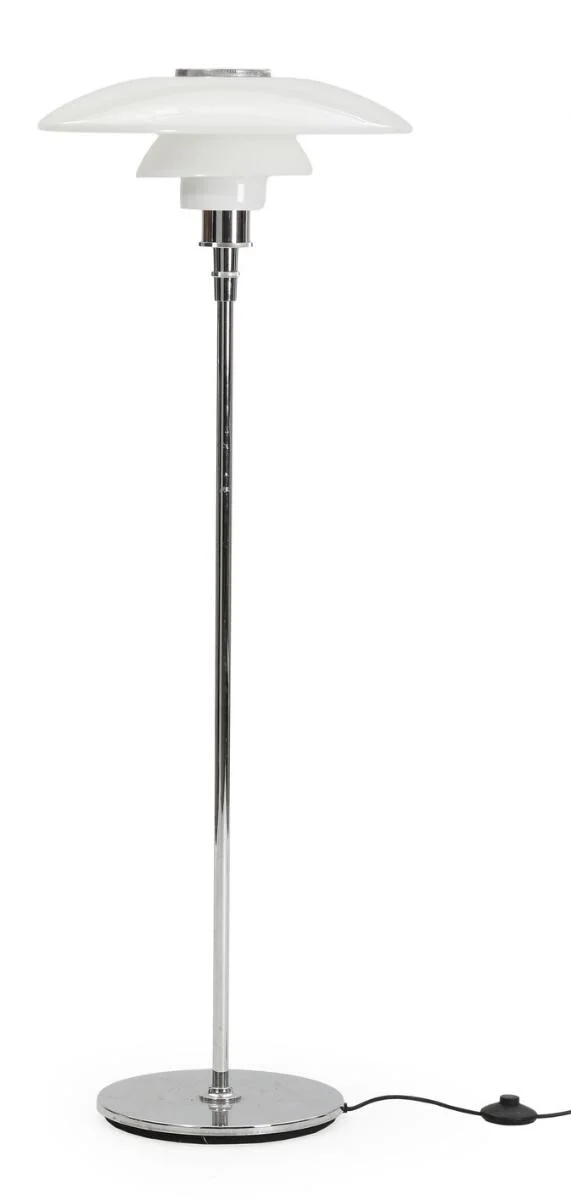 Poul Henningsen: “PH-4½/3½”. Floor lamp with chromed metal frame, multi-layer opal glass shades. Manufactured and marked by Louis Poulsen. H. 125 cm. — Modern Lighting — Bruun Rasmussen
