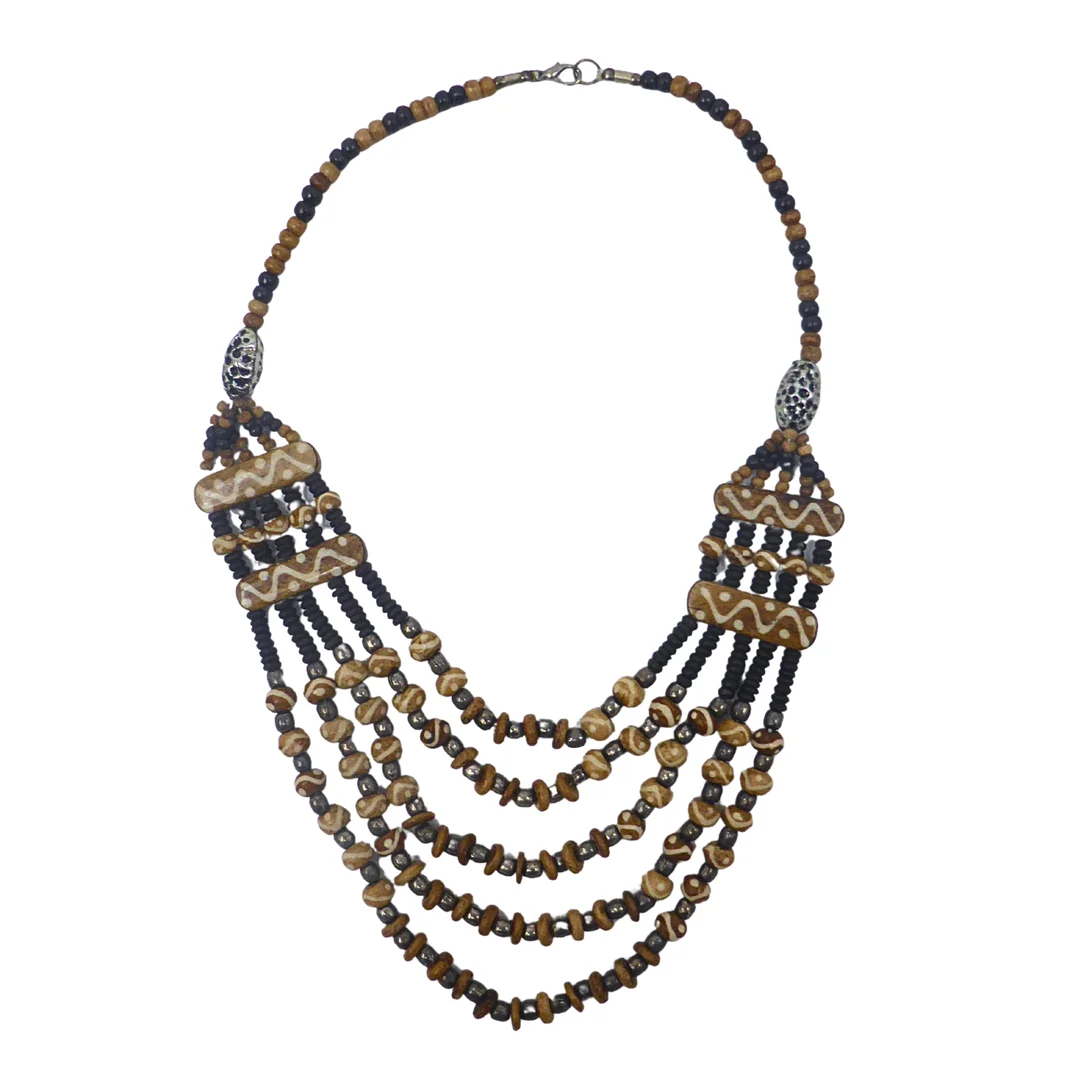 MEHRREIHIGE HOLZPERLENKETTE MIT MUSTERELEMENTEN. — Necklace — Auktionshaus Stuber's Hammerschlag
