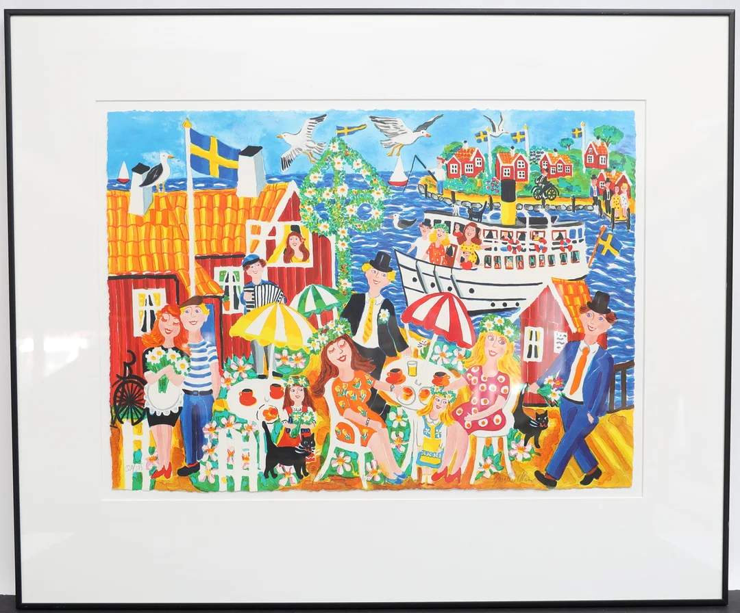 GUNILLA MANN. Midsommarfirande, färglitografi, signerad och numrerad. — Engravings & Prints — Falun Auktionsbyrå