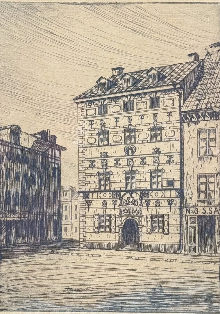 HARALD SALLBERG. Etsning, "Hörnan" Arsenalsgatan, signerad H.a Sallberg. — Paintings — TOKA Auktionshus