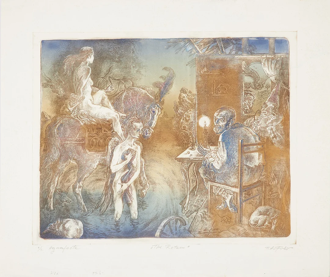 TRAIAN ALEXANDRU FILIP. "The Return", akvatint etsning, numrerad 2/2, signerad samt blindstämpel. — Engravings & Prints — Stockholms Auktionsverk Sickla