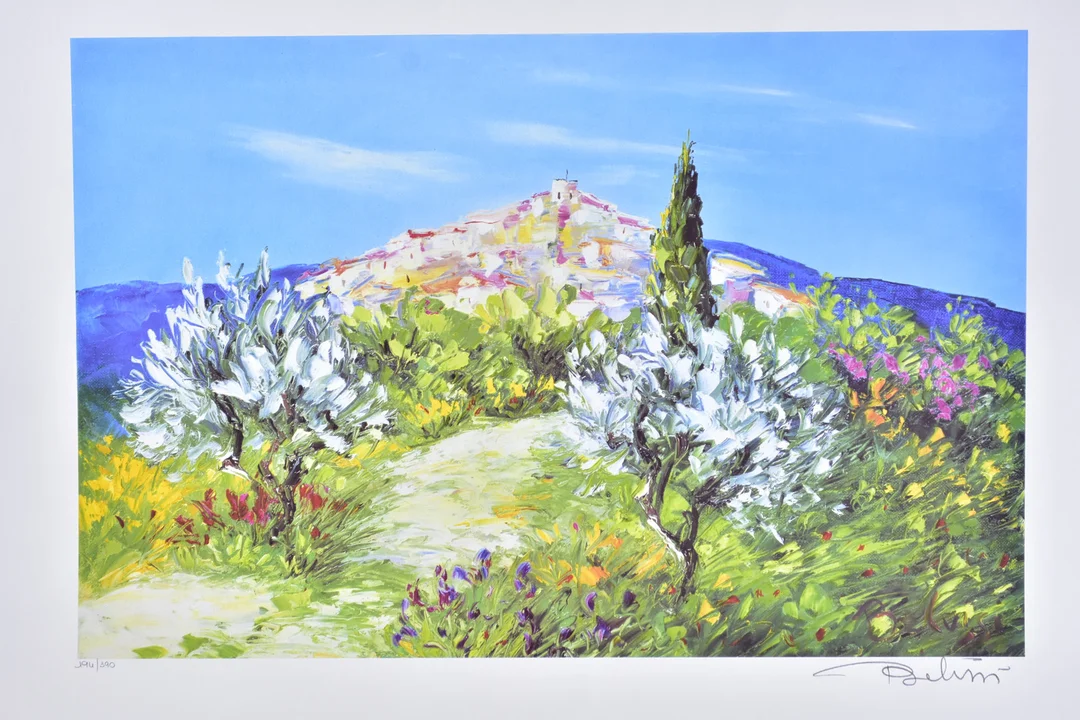MARCEL BELVESI. färglitografi, Greece in summer. — Engravings & Prints — Halmstads Auktionskammare