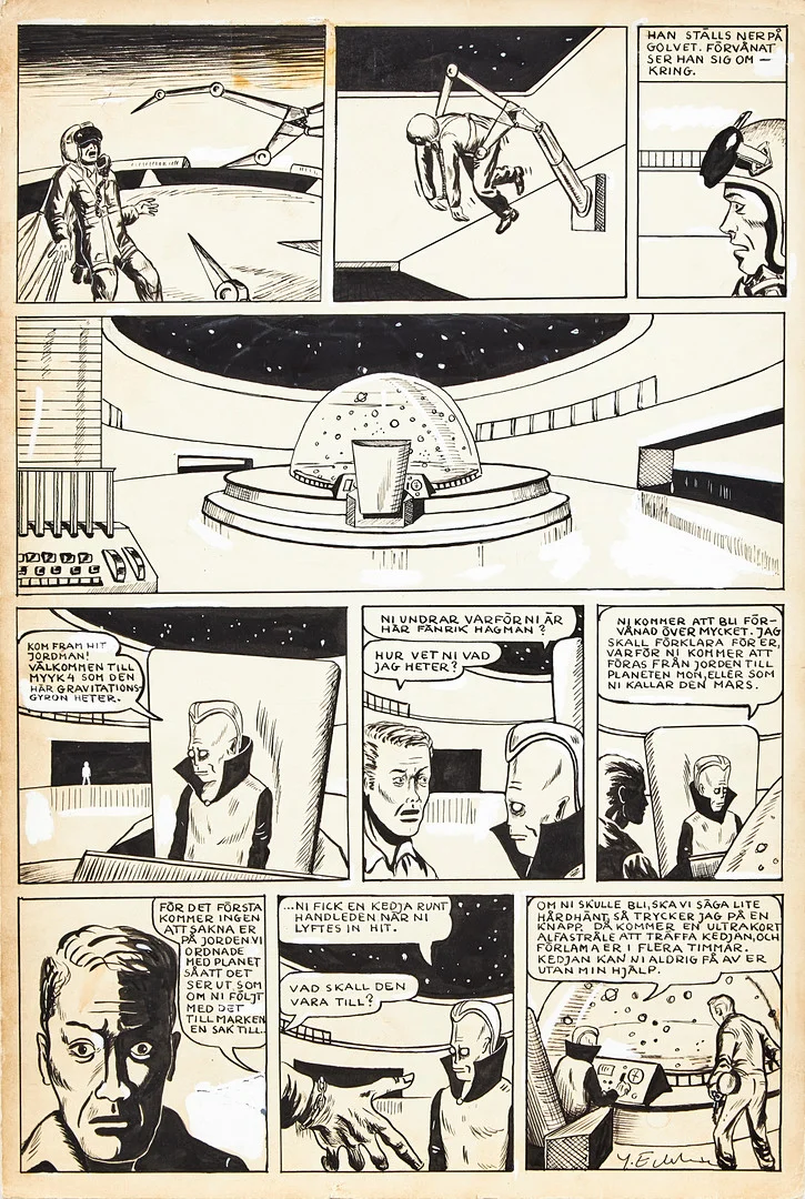 YRJÖ EDELMANN. "Cosmos", original till seriesida, opublicerad, 1950-tal, signerad Y Edelmann. — Drawings — Stockholms Auktionsverk Magasin 5