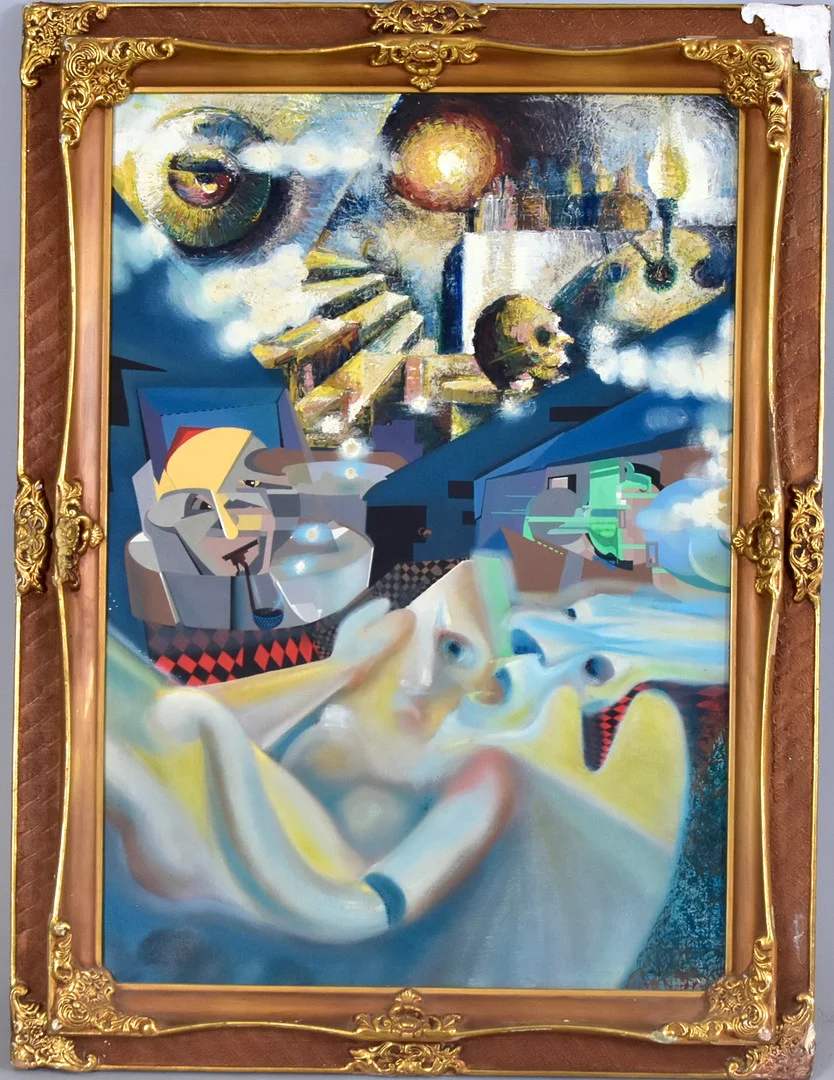 OIDENTIFIERAD KONSTNÄR. oljemålning på duk, surrealistisk komposition. — Paintings — Halmstads Auktionskammare