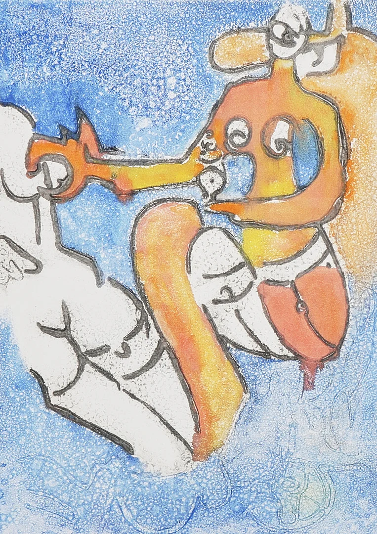 OIDENTIFIERAD KONSTNÄR. Monotypi, komposition, signerad. — Engravings & Prints — Metropol Auktioner