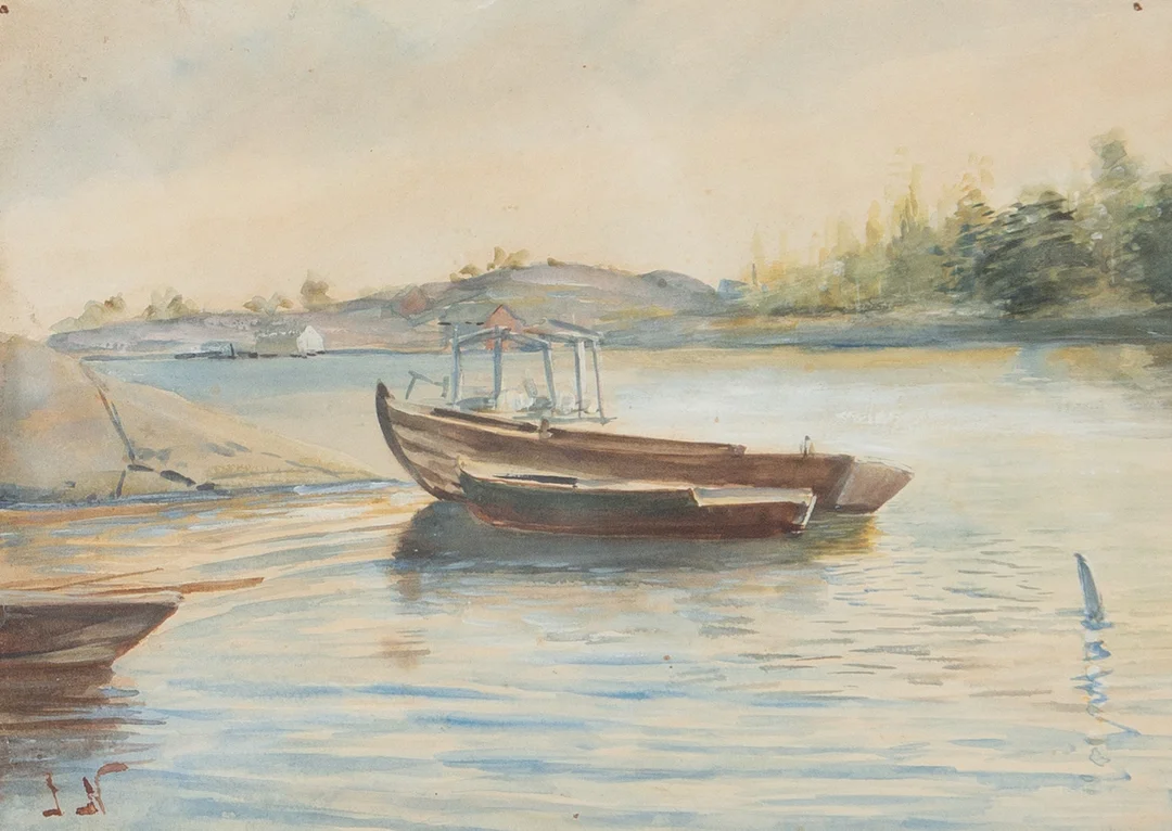 JENNY NYSTRÖM. Akvarell, ”Skärgårdsmotiv med båtar”, troligen Vindö, Stockholms skärgård, signerad. — Paintings — Laholms Auktionskammare