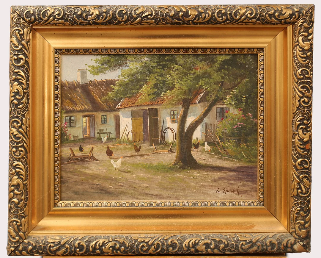 OIDENTIFIERAD KONSTNÄR. Olja på duk, gårdsinteriör merd höns, signerad. — Paintings — Limhamns Auktionsbyrå