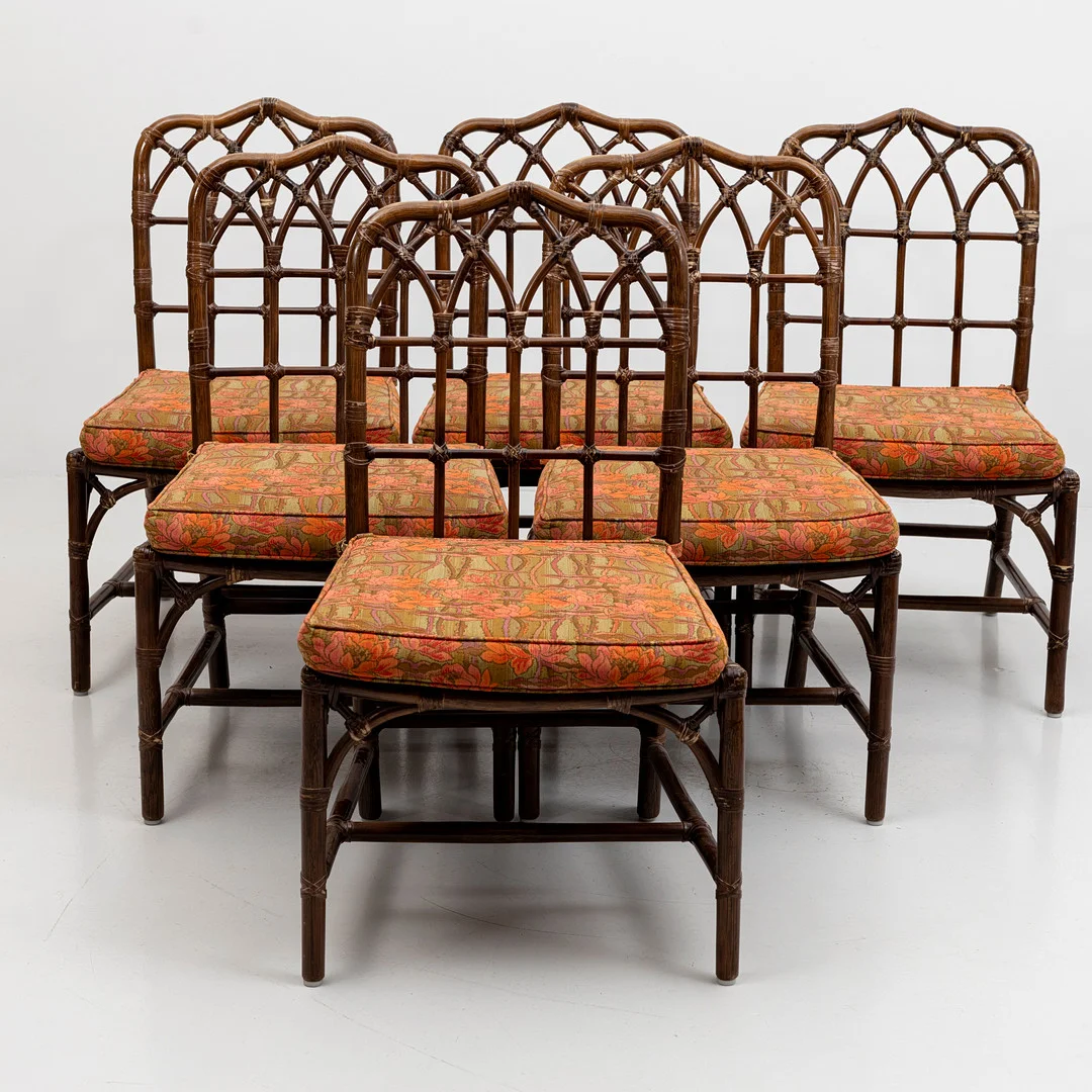 HANS KAUFELD. .stolar, 6 st, för Mac Guire, bambu, tyg, brickmärkta, 1970-tal, USA. — Armchairs & Chairs — Auktionshuset Kolonn