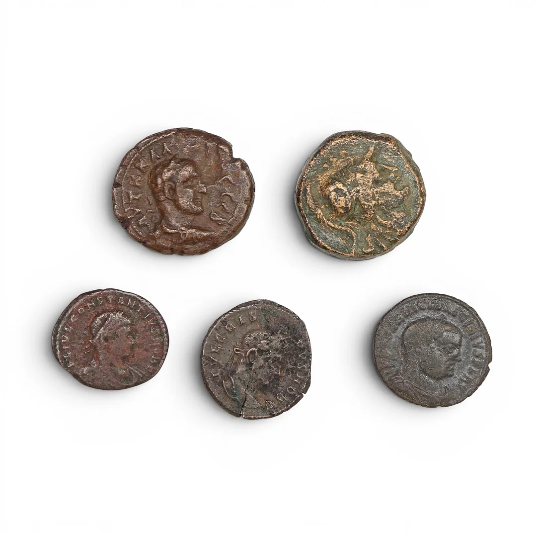 Cinco monedas romanas en bronce, de los siglos III y IV. — Coins & Banknotes — Balclis
