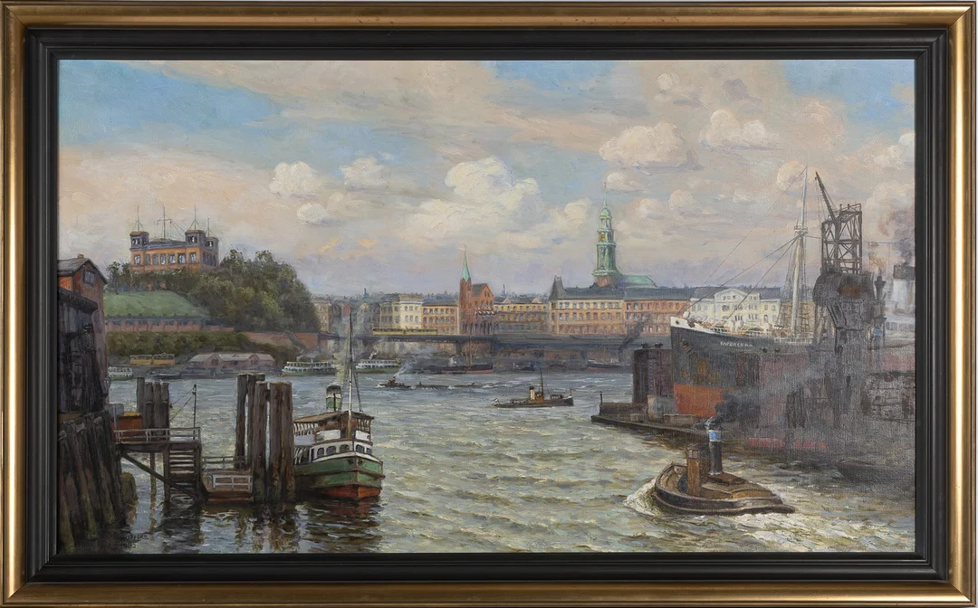OIDENTIFIERAD KONSTNÄR, Hamburg hamn före kriget, signerad och daterad H Kippcke 1935. — Paintings — Stockholms Auktionsverk Helsingborg