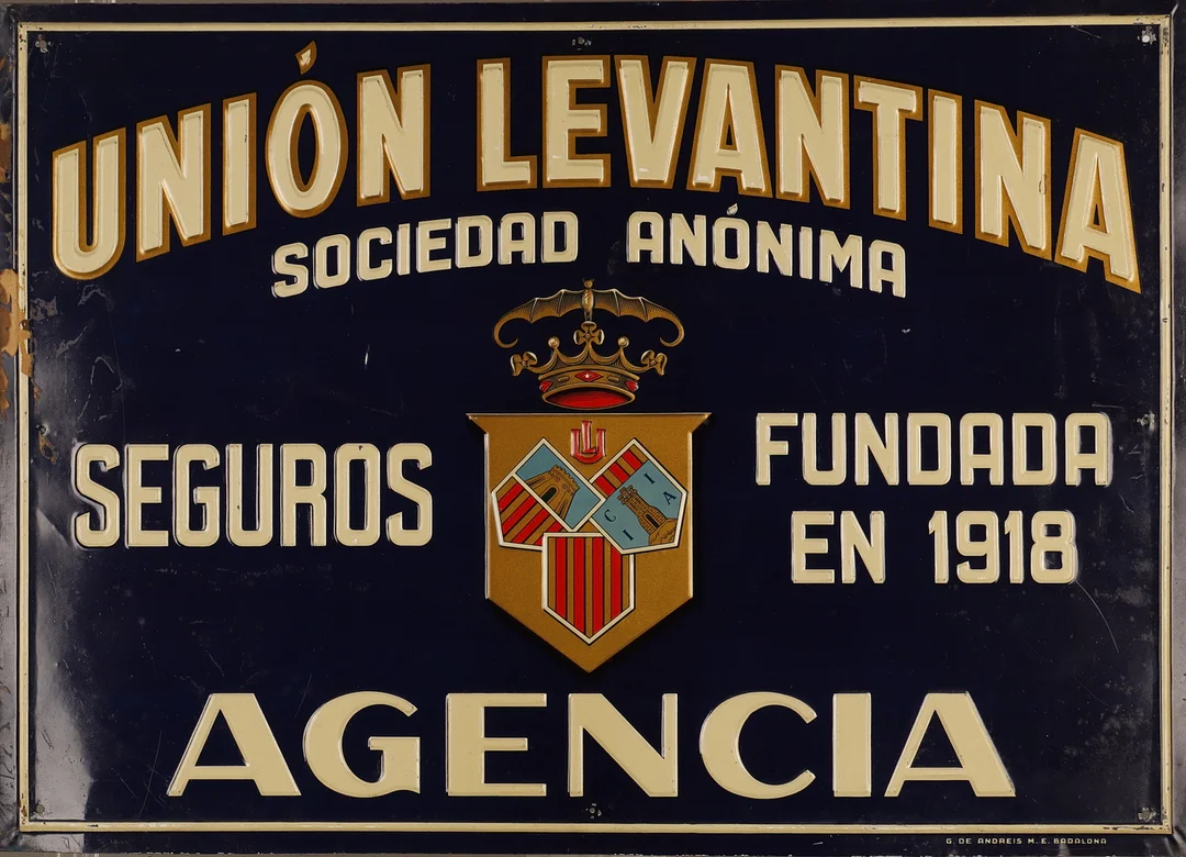 Unión Levantina, placa publicitaria en hojalata estampada y pintada. — Other collectables — Barcelona Auctions