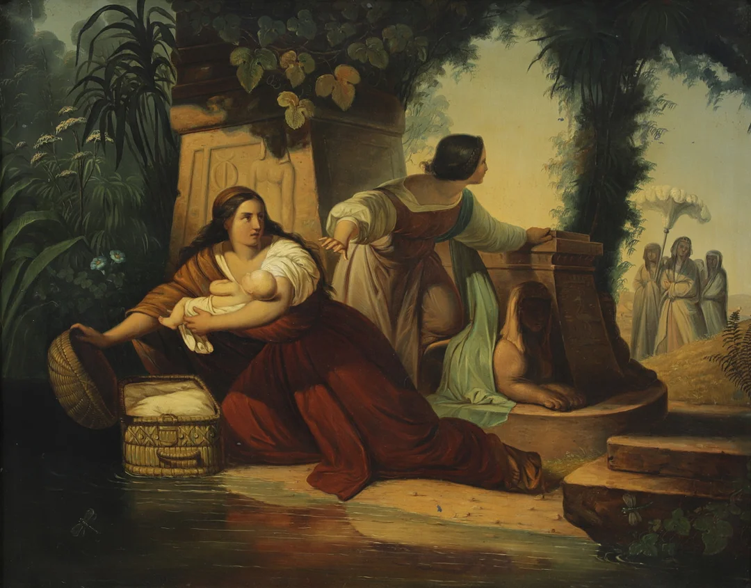 OKÄND KONSTNÄR. Mose upptäcktes vid floden Nilen, olja på plåt, osignerad, 1800-tal. — Paintings — Växjö Auktionskammare