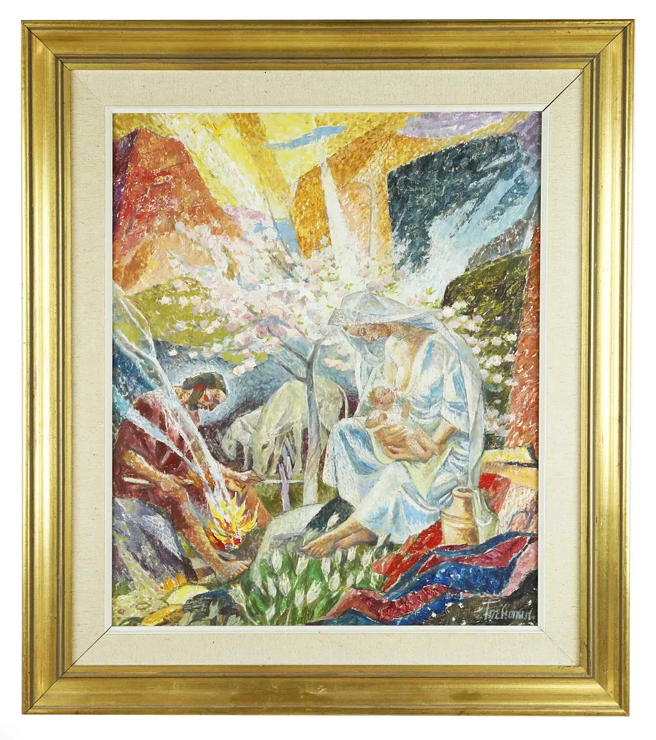 GUNNAR TORHAMN. Olja på pannå, Den Heliga Familjen, signerad. — Paintings — Hälsinglands Auktionsverk