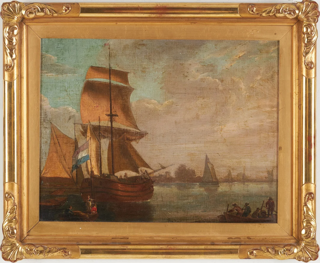 OIDENTIFIERAD KONSTNÄR. Kustmotiv med skepp, holländsk skola, signerad, 17/1800-tal. — Paintings — Stockholms Auktionsverk Sickla