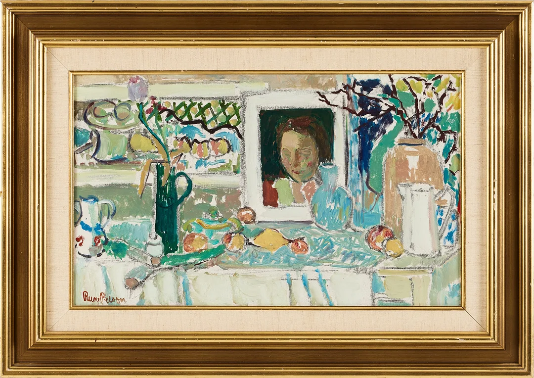 RUNE PERSON. Stilleben med porträtt och vaser, signerad, olja på duk. — Paintings — Stockholms Auktionsverk Magasin 5