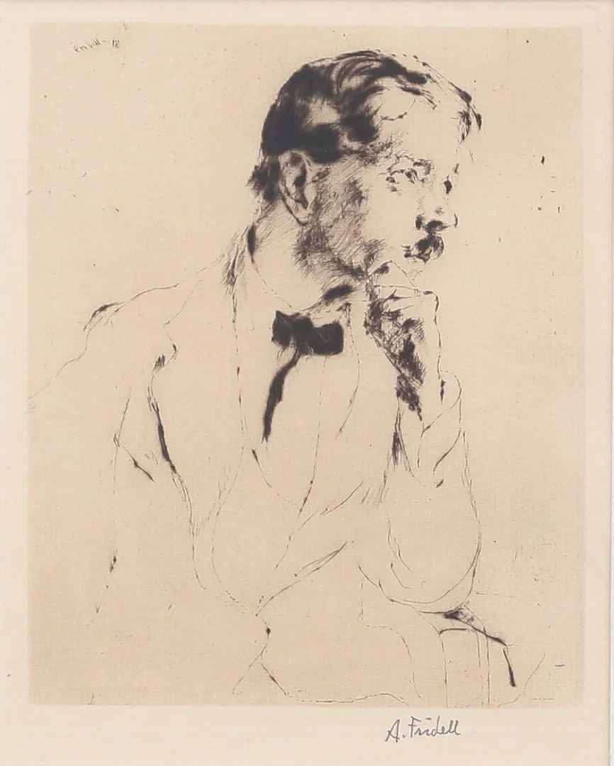 AXEL FRIDELL. "Konstnären Gunnar Ruda". Torrnålsgravyr, signerad i plåten samt blyertssignerad, daterad -18 i plåten. — Engravings & Prints — Auktionshuset Thelin & Johansson