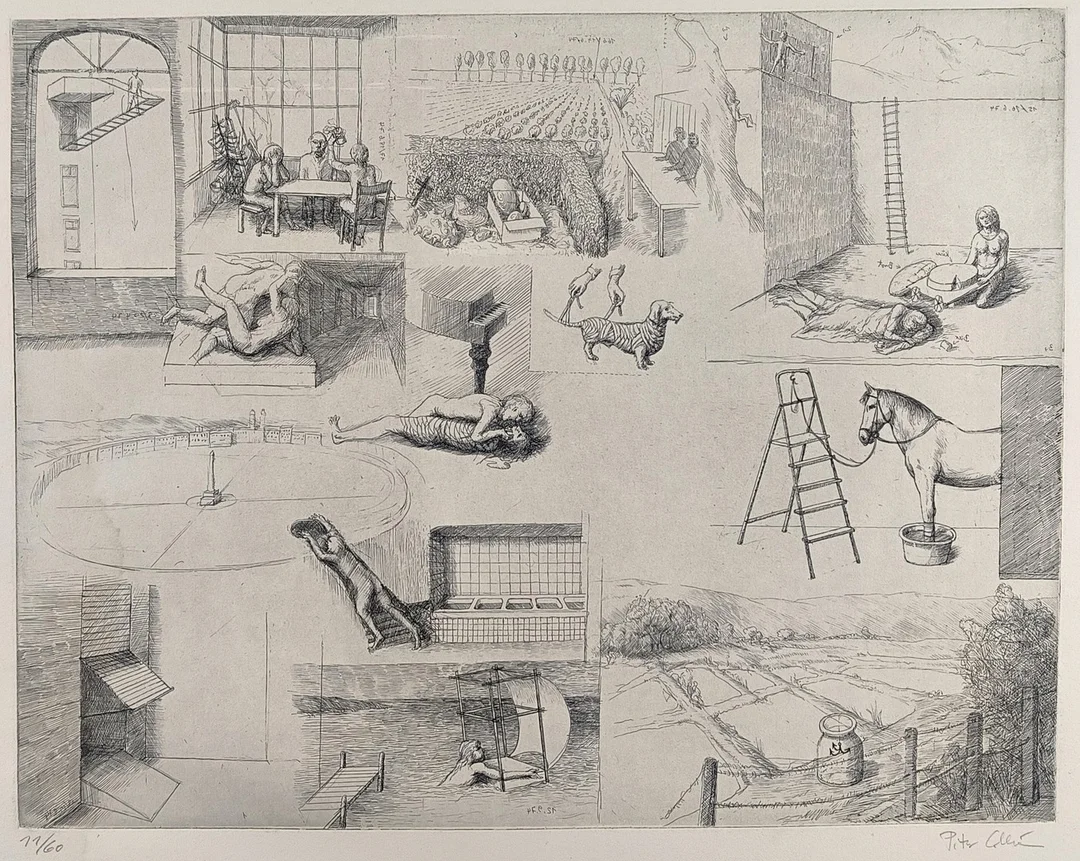 PETER COLLIEN (geb. 1938 in Berlin / deutscher Grafiker, dessen eigenwilliges OEuvre sich stark an der Wiener Schule des phantastischen Realismus orientiert). — Engravings & Prints — Auktionshaus Blank