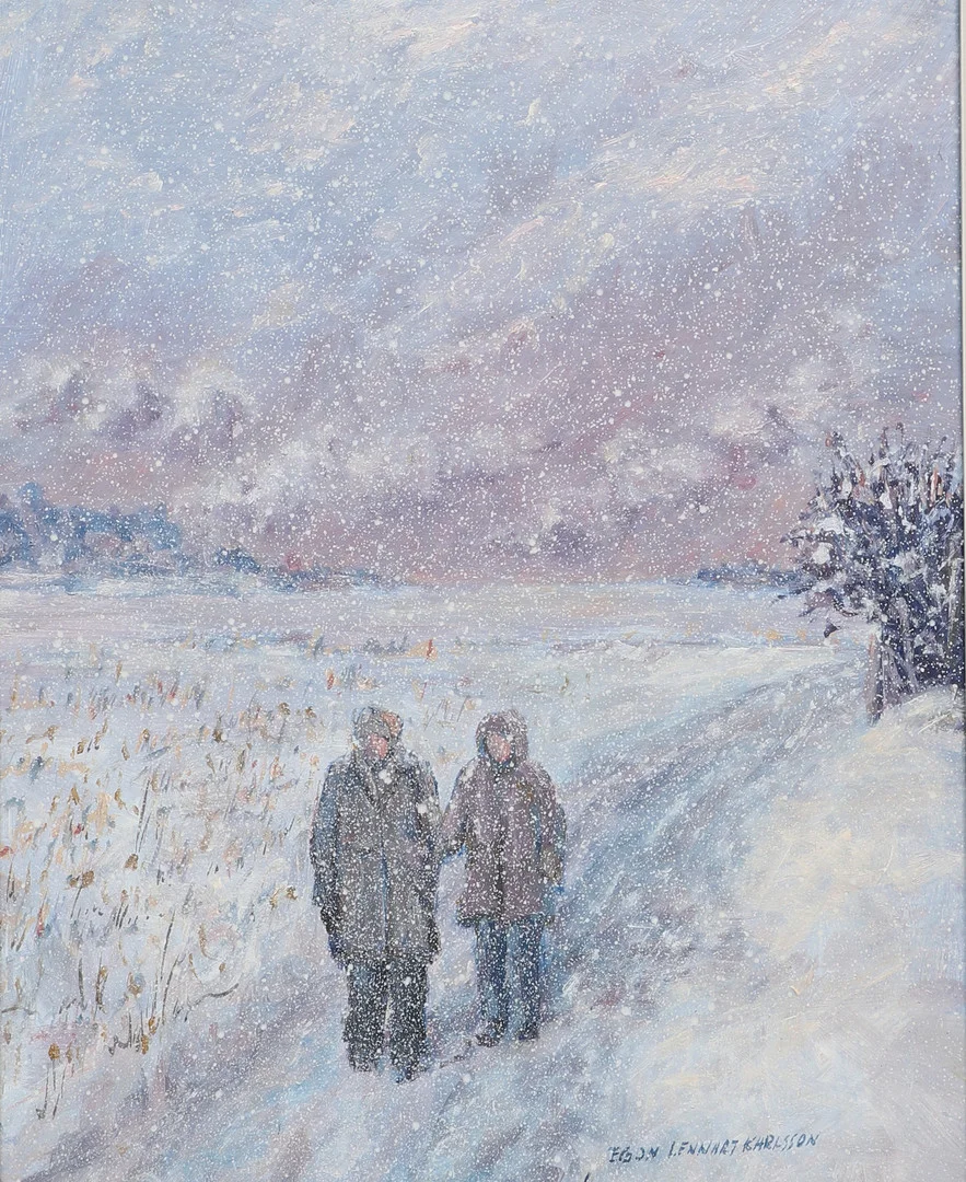 EGON LENNART KARLSSON. Olja på pannå, "En dag i vintras", signerad. — Paintings — Ekenbergs Auktioner