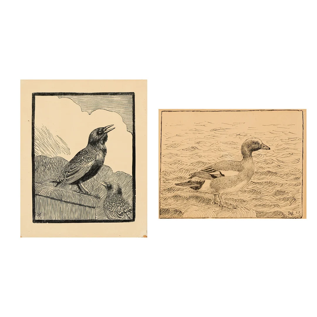 JOHANNES LARSEN (1867-1961). To kompostioner med fuglemotiver, Begge tryk, signeret og dateret 1931 og 1955 i trykket, (2). — Engravings & Prints — Palsgaard Kunstauktioner