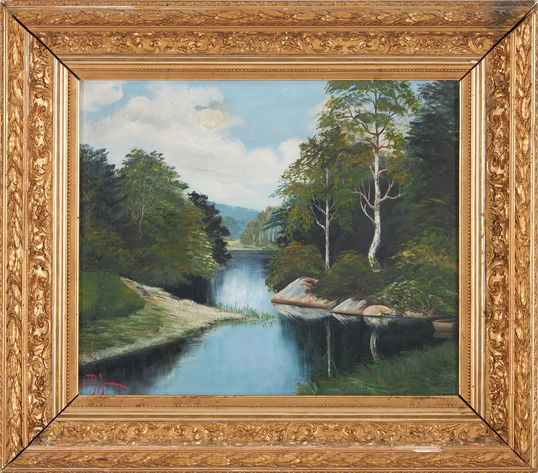 OIDENTIFIERAD KONSTNÄR. Flodlandskap, olja på duk, monogramsignerad D.L, daterad 1909. — Paintings — Stockholms Auktionsverk Sickla