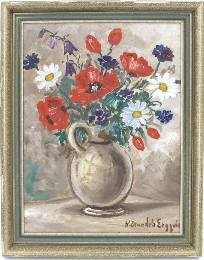 CARIN BRANDEL ENGQVIST. Olja på duk, blomsterstilleben med vallmo, blåklint och prästkrage, signerad. — Paintings — Höganäs Auktionsverk