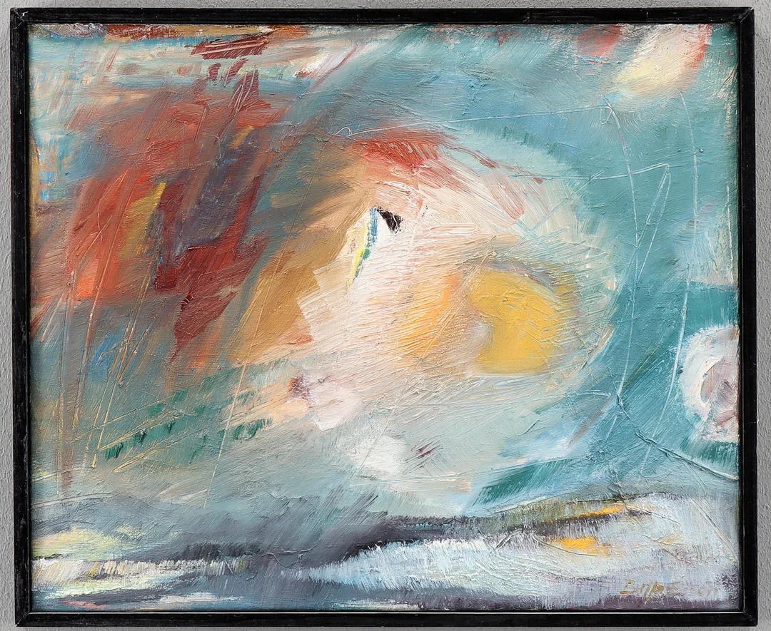 BRITTA E-SON (EMANUELSSON). "Genom rymden" 1970. — Paintings — Karlstad Hammarö Auktionsverk