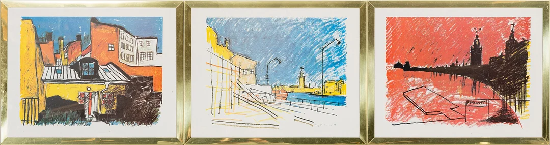 STIG (SLAS) CLAESSON. 3 st offsettryck, Vyer av Stockholm, tryckta signaturer samt år 76. — Engravings & Prints — Auktionshuset Kolonn
