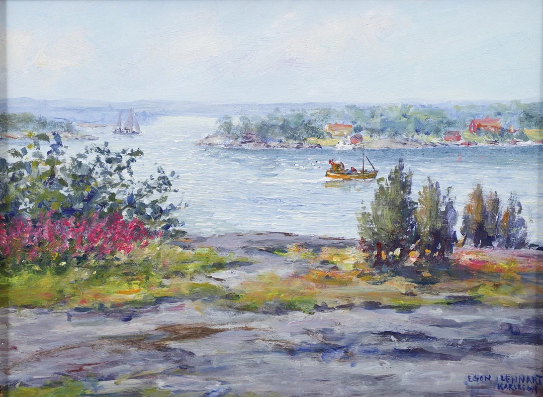 EGON LENNART KARLSSON. "Skärgårdsvy". Olja på pannå, signerad. — Paintings — Växjö Auktionskammare