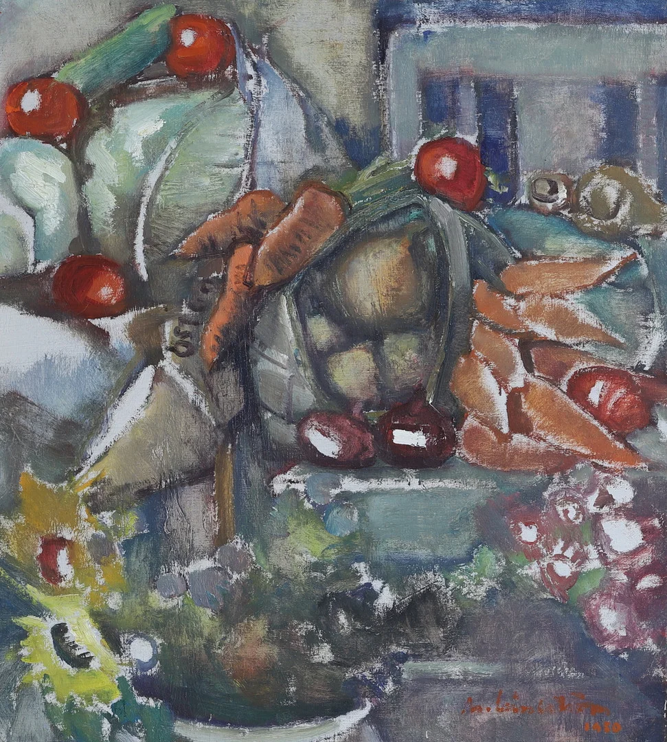 MARTIN LINDSTRÖM. Olja på duk, Blomsterstilleben, daterad 1950. — Paintings — RA Auktionsverket Norrköping