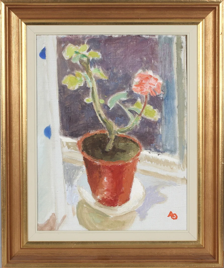 ADOLF OLSSON. "Pelargon", olja på pannå, monogramsignerad. — Paintings — Stadsauktion Sundsvall