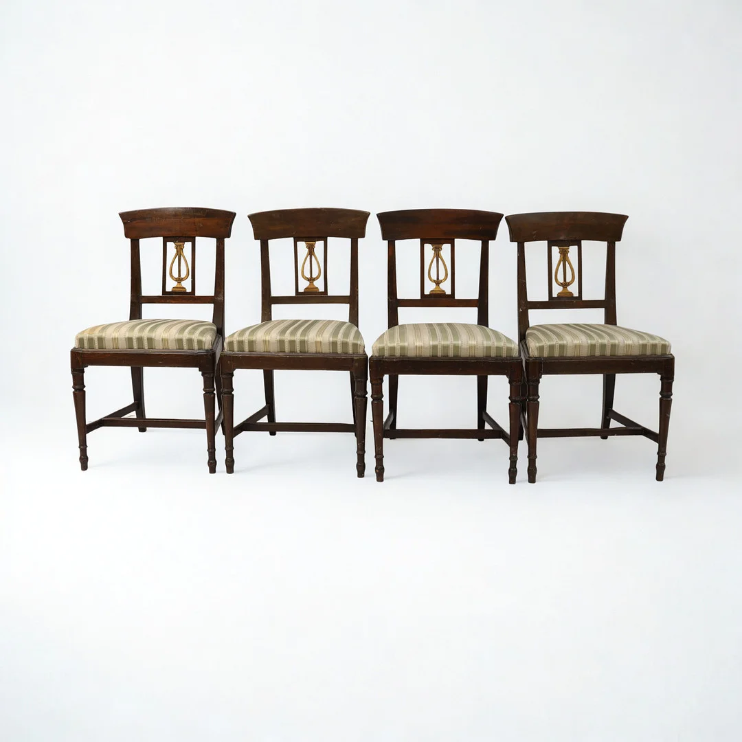 STOLAR 4st, Stockholmsarbeten i empire av Anders Hellman D.y 1800-talets början, betsad björk, med lösstoppade sitsar, 2st med signatur AHM. — Armchairs & Chairs — Falun Auktionsbyrå