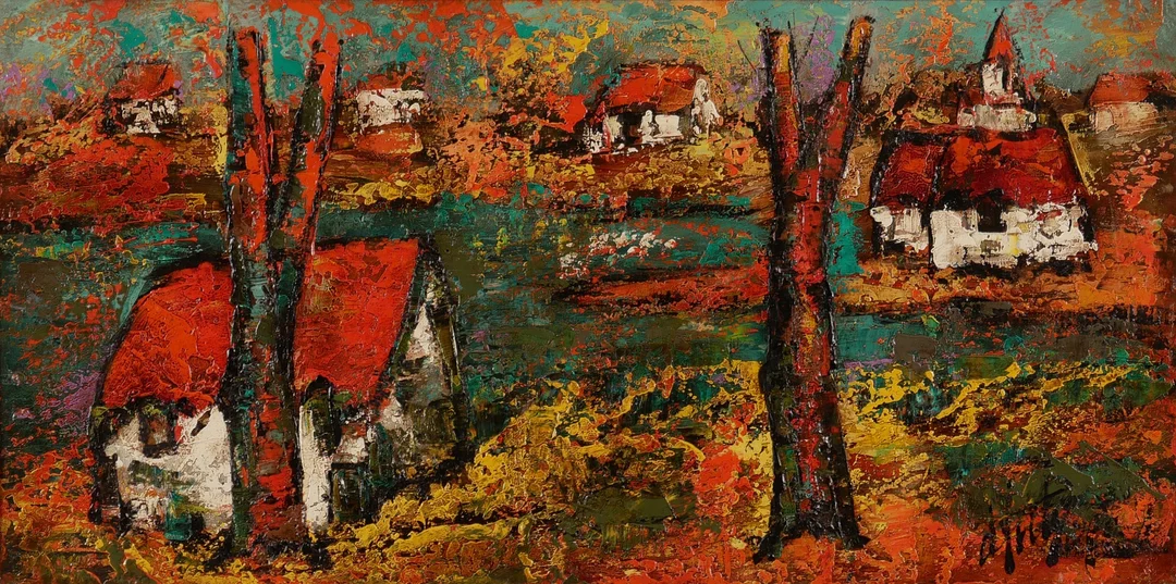 HENRY DÁNTY. Landskap med träd och hus, olja på duk, signerad. — Paintings — Auktionsfirma Kenneth Svensson i Kalmar