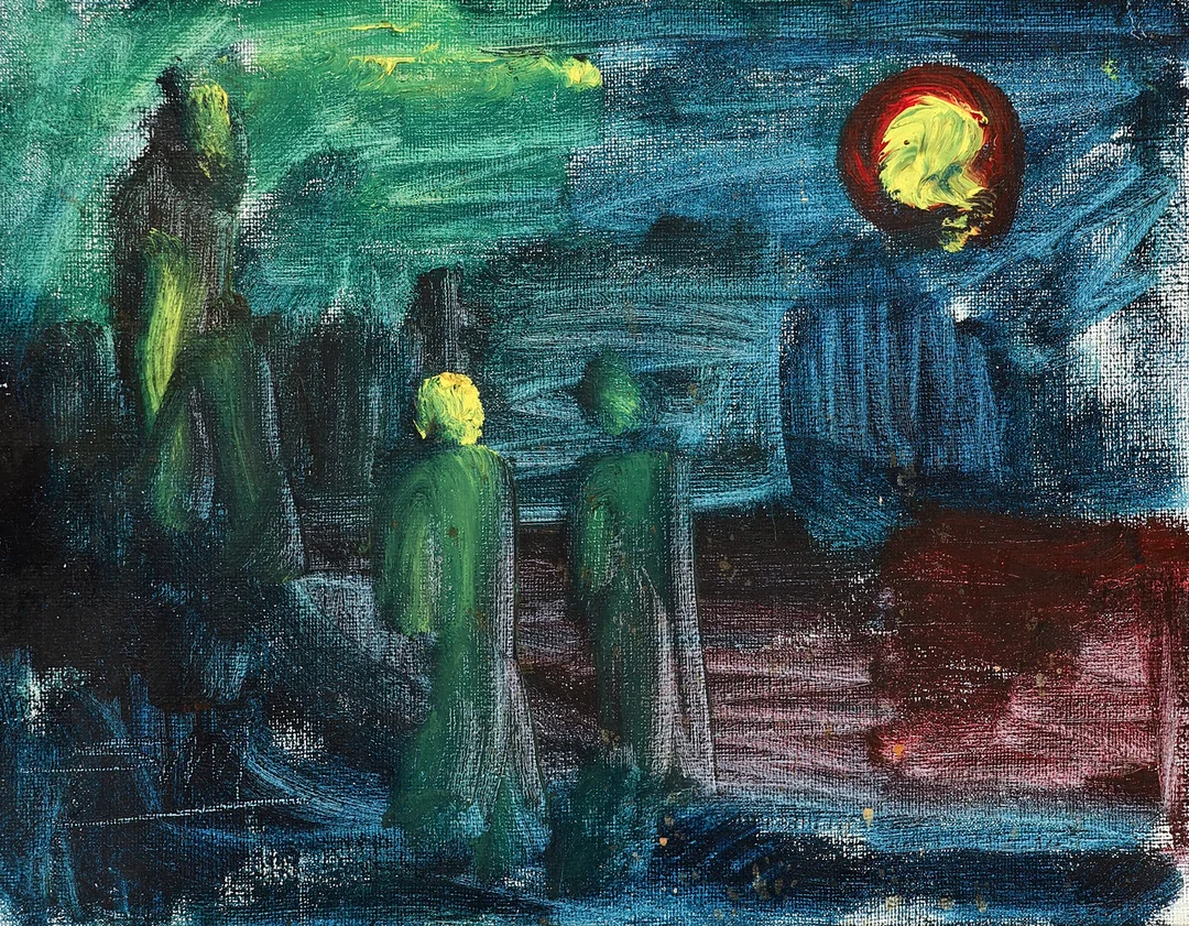 UBEKENDT KUNSTNER 20 ÅRH. Komposition med figurer, olie på lærred, signeret. — Paintings — Palsgaard Kunstauktioner