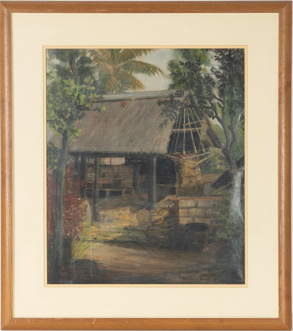OIDENTIFIERAD KONSTNÄR. Tropiskt landskap med hydda, blandteknik, 1900-talets första hälft. — Paintings — Stockholms Auktionsverk Helsingborg