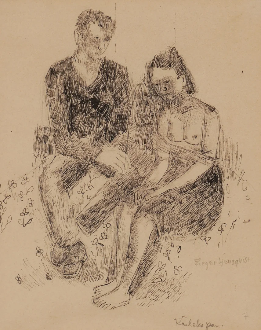 BIRGER LJUNGQUIST. "Kärlekspar", teckning, signerad Birger Ljungquist. — Drawings — Auktionsfirma Kenneth Svensson i Kalmar