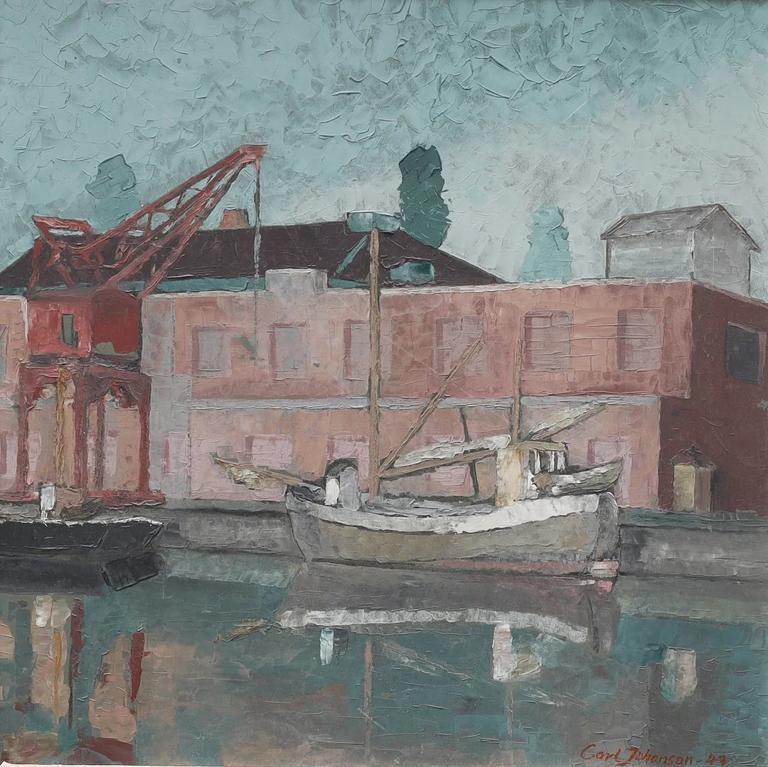 CARL JOHANSSON (1906-1993). olja på pannå, Hamnmotiv Halmstad, signerad, daterad 1947. — Paintings — Auktionsmagasinet Vänersborg